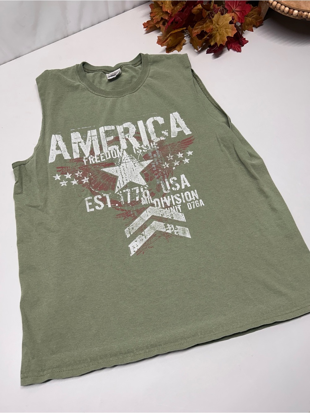 Gildan Olive Green Sleeveless Graphic Tank with White & Red Print